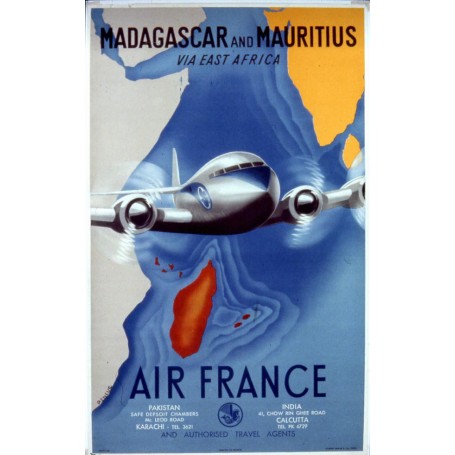 Affiche Air France Madagascar and Mauritius via East Africa,  Renluc 1950 MAF278